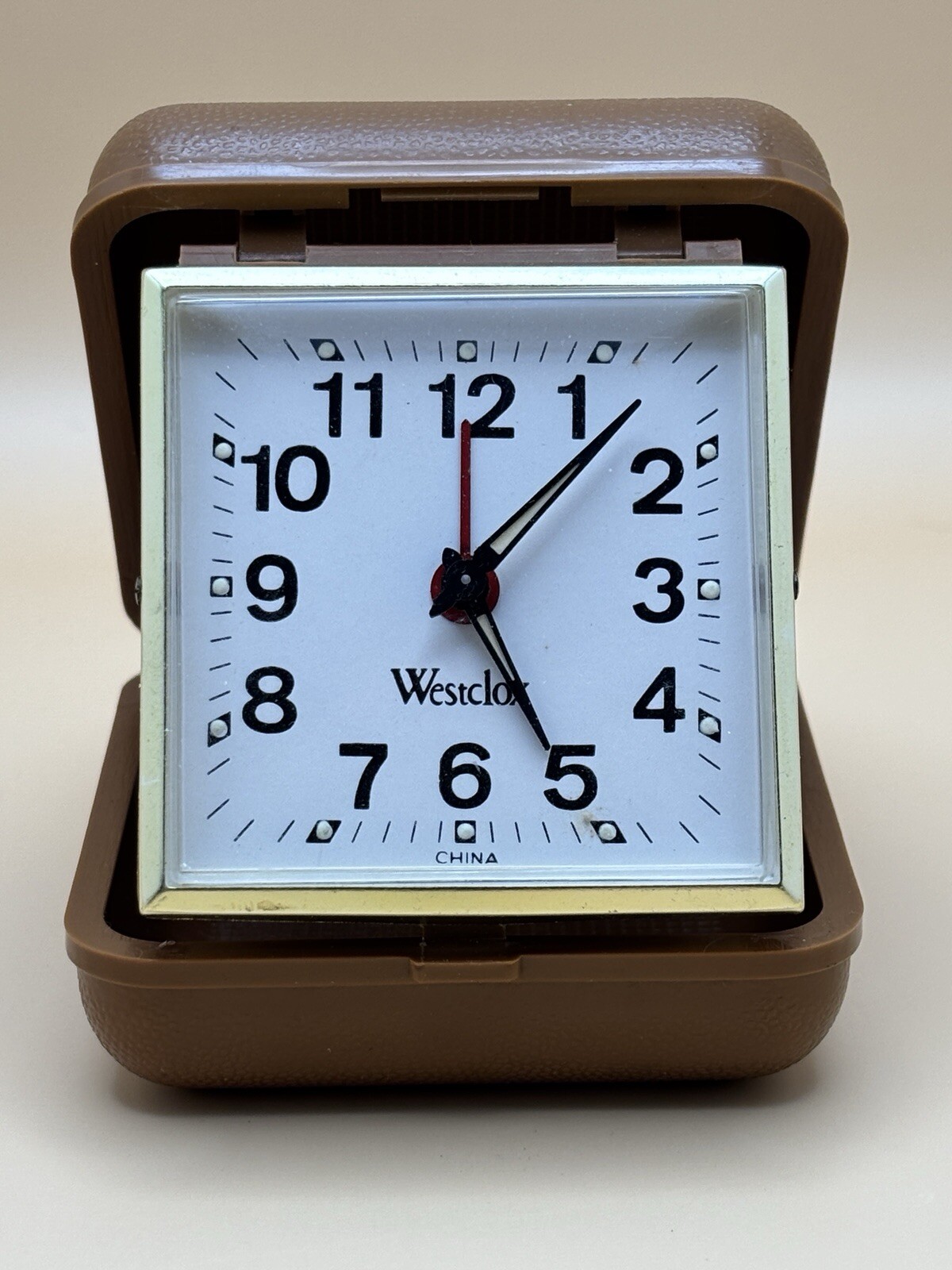 Vintage Wesclox Wind Up Travel Alarm Clock Brown Folding Plastic Case ...