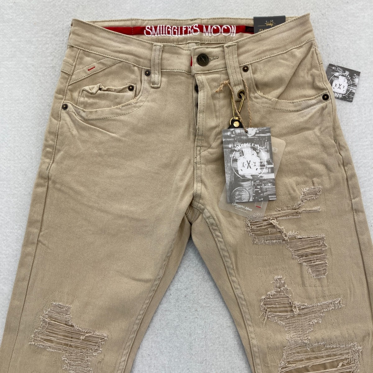 Smugglers Moon Jeans Mens 30x31 Khaki Beige Denim Button Fly Roll Up Distressed View 2