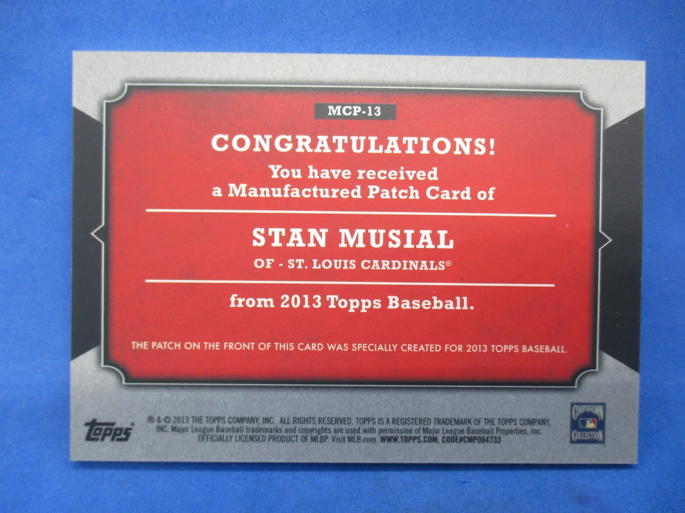 2013 Topps Manufactured Card Patch Stan Musial #MCP-13 Patch HOF - Image 2 of 2