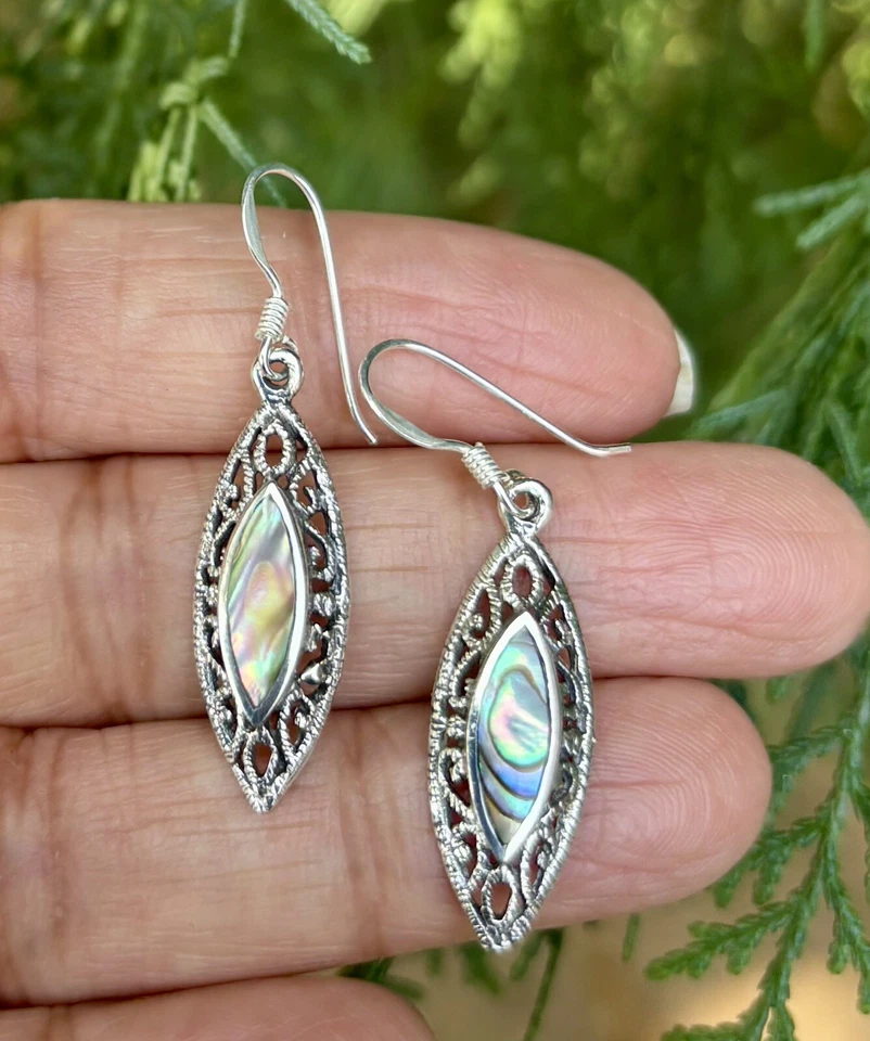 925 Sterling Silver + Mother of Pearl Handmade Oxidized Cutwork Earrings 3.26 gm - Image 4 of 4