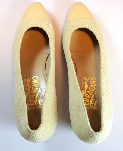 Salvatore Ferragamo Heels Beige Fabric Leather Shoes Womens Size 8 AAA - Picture 8 of 11