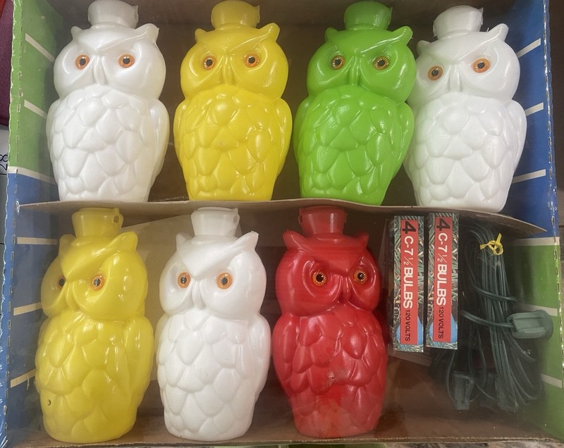 Party Lights Owl Blow Molds New In Box 7 Owls Over 40 Years Old