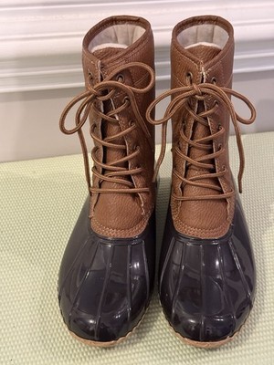 JBU Jambu Duck Boots Faux Fur Black & Brown 7.5M Rain Waterproof