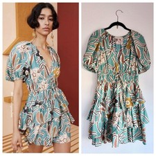 NWOT Ulla Johnson Farah Tiered 100% Silk Mini Dress in Topaz Green Floral Size 2