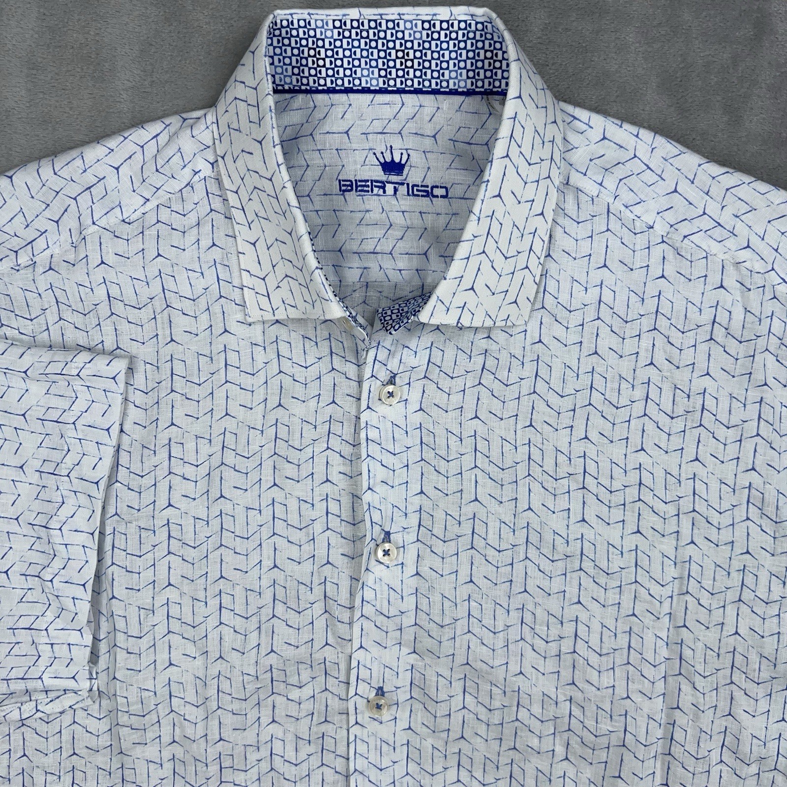 BERTIGO Shirt Men’s 2XL 100% Linen Short Sleeve Button Up White Blue Geometric
