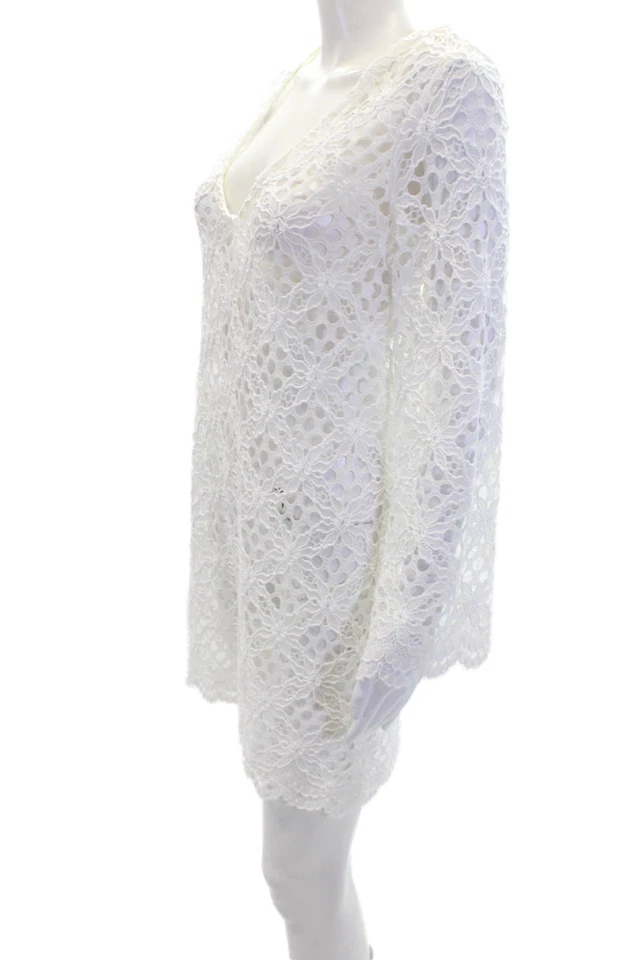 Milly Cabana Womens Scalloped Edge Detail Lace V-Neck Mini Dress White Size M - Image 2 of 4