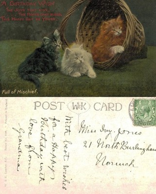 Vintage Postkarte - Drei Kätzchen im Korb Geburtstag Gruß WandK London VERSCHICKT