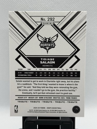 Tidjane Salaun 2024-25 Panini NBA Hoops Basketball Tribute RC #292 Hornets - Picture 2 of 2
