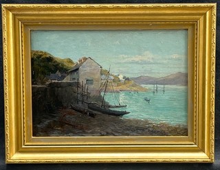 WILLIAM HENRY VERNON 1820 1909 HARBOUR COTTAGE & SAILBOATS ANTIQUE OIL PAINTING