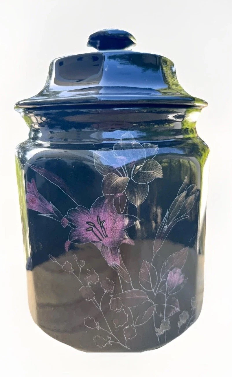 Vintage Mikasa Ebony Meadow Floral Black Canister With Lid 6 7/8”