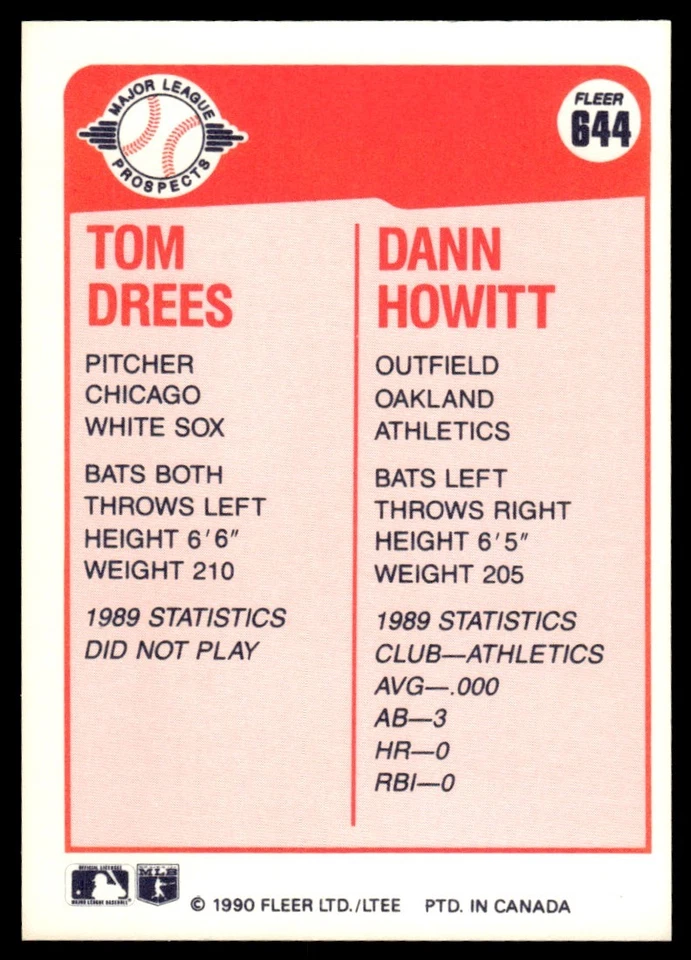 1990 Fleer Canadian Tom Drees/Dann Howitt Rookie Chicago White Sox/Oakland - Image 2 of 2
