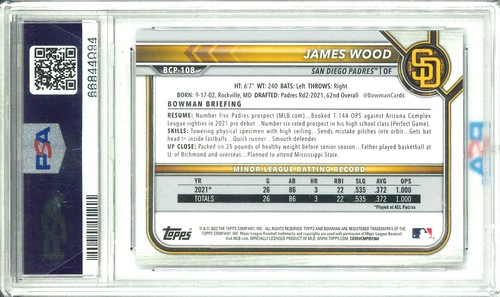 Bowman Sapphire Edition 2022 Chrome Prospects James Wood #BCP108 PSA 9 - Imagen 2 de 2