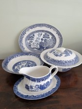 Blue & White Old Willow Pattern Serving set - Tureen Platter dish gravy boat