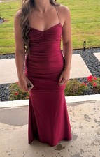 Wine/Dark Red Sleeveless Ruched Bodice Strappy Back Floor-Length Prom Dress
