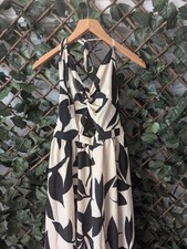 Yozy Cream & Black Halter Maxi Dress L – Flowy Tie-Back Dress with Side Split