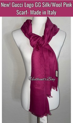 New! Gucci Logo Double GG Silk/Wool Pink Scarf 71”x18”- Made in