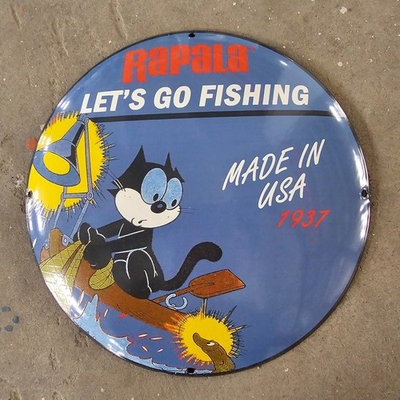 #ad VINTAGE CONVEX 1937 RAPALA FISH US GASOLINE OIL GAS PUMP ENAMEL PORCELAIN SIGN $149.99