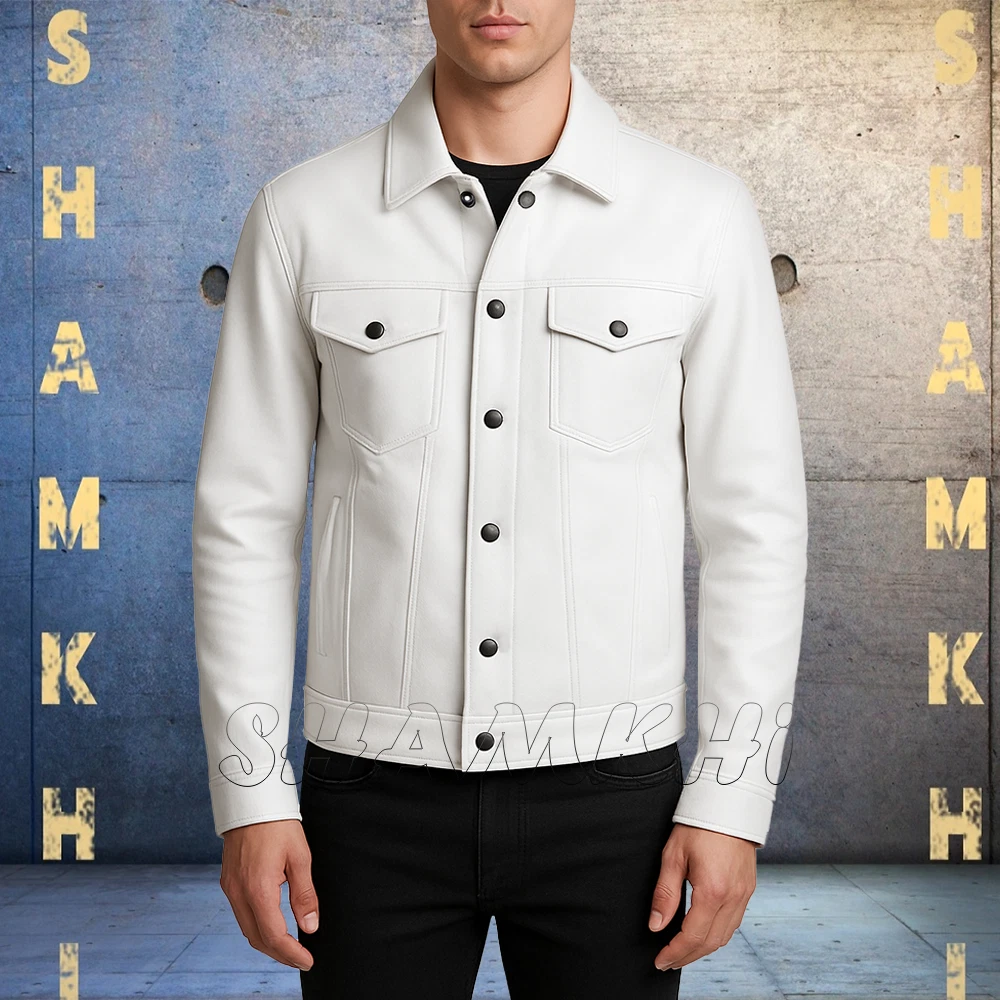 Men's Premium White Leather Jacket Jeans Tucker Style Street Jackets