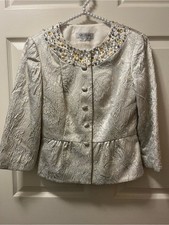 Vintage KayUnger Metallic Silver Brocade Peplum Jacket Jeweled Beaded Collar Sz2
