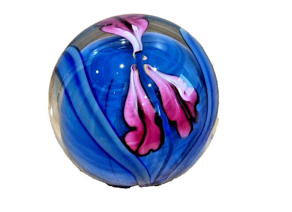 Signed 1991 Rick Satava Pink Flower Petals Blue Background Paperweight Dated - Image 2 of 4