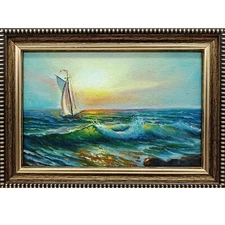 Seascape oil painting Original art Impressionism  painting Boat 6x4