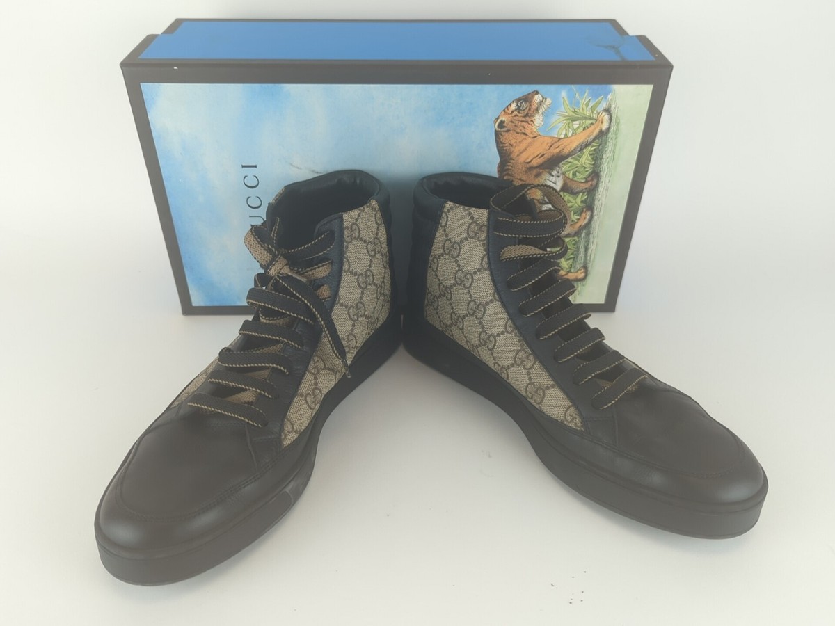 Gucci GG Monogram Supreme high top 386740 Black Tan Men Sze 8.5