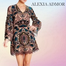 Alexia Admor Velvet Patterned Burnout Dress Size M Tunic Bell Sleeve V Neck