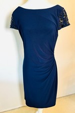 Eliza J. Women's 10 Party Dress Ruching Embellished Sleeves Navy Blue Stretch