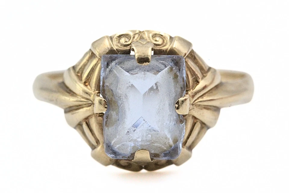 Exquisite Antique Art Deco 10K Gold Light Blue Glass Ring Sz 5.5 - Image 2 of 4