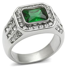 MEN'S 3.45 CT GREEN CZ STAINLESS STEEL RADIANT RECTANGLE CUT RING SIZE 8-13