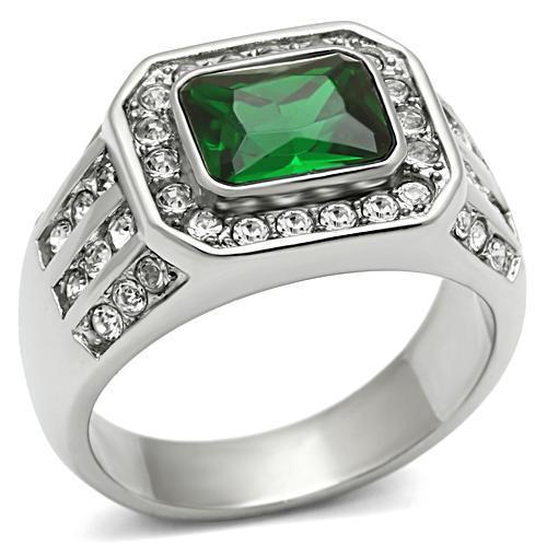 ANELLO UOMO 3,45 CT VERDE ZIRCONI ACCIAIO INOX TAGLIO RETTANGOLARE RADIANTE MISURA 8-13 - Foto 1 di 4