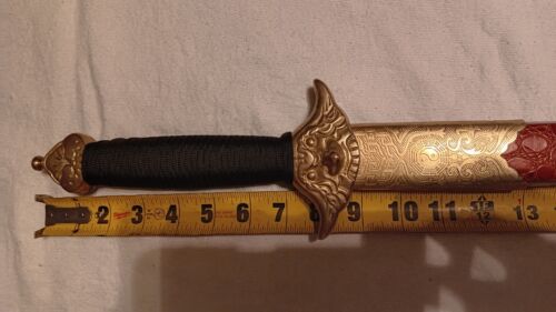 Vintage Chinese Sword 26 Inch Steel Double Sided Blade with Red Leather Scabbard - Picture 5 of 13