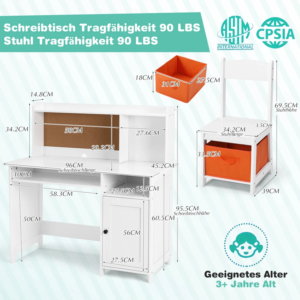 JOYLDIAS Kinderschreibtisch aus Holz, Kinder Schreibtisch mit Stuhl/Weiß - Bild 2 von 4