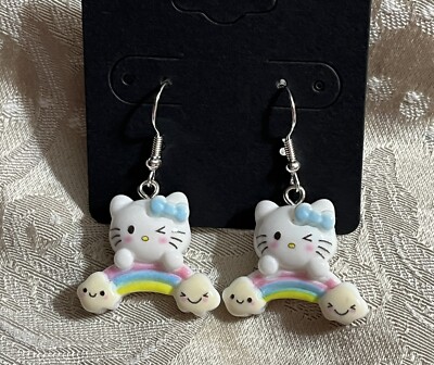 Sanrio Silver Loop Hello Kitty Rainbow Drop Dangle Adorable Earring Set