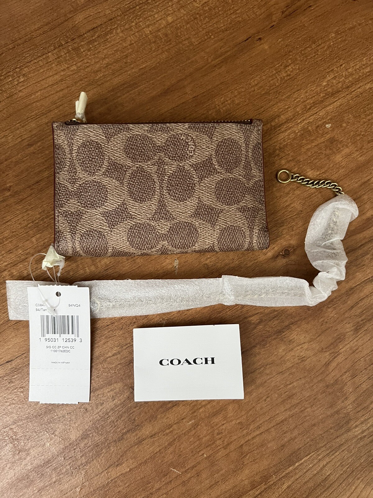 NWT Coach Zip Chain Card Case In Signature Canvas Tan Rust Wallet Strap