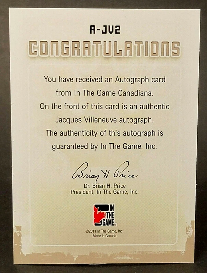 2011 In The Game Canadiana autógrafos tinta azul #A-JV2 Jacques Villeneuve - Imagem 2 de 2