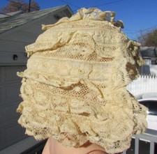 Antique Doll Hat Bonnet Intricate Embroidery Lace Silk Floral Cap Ruffles 1800's