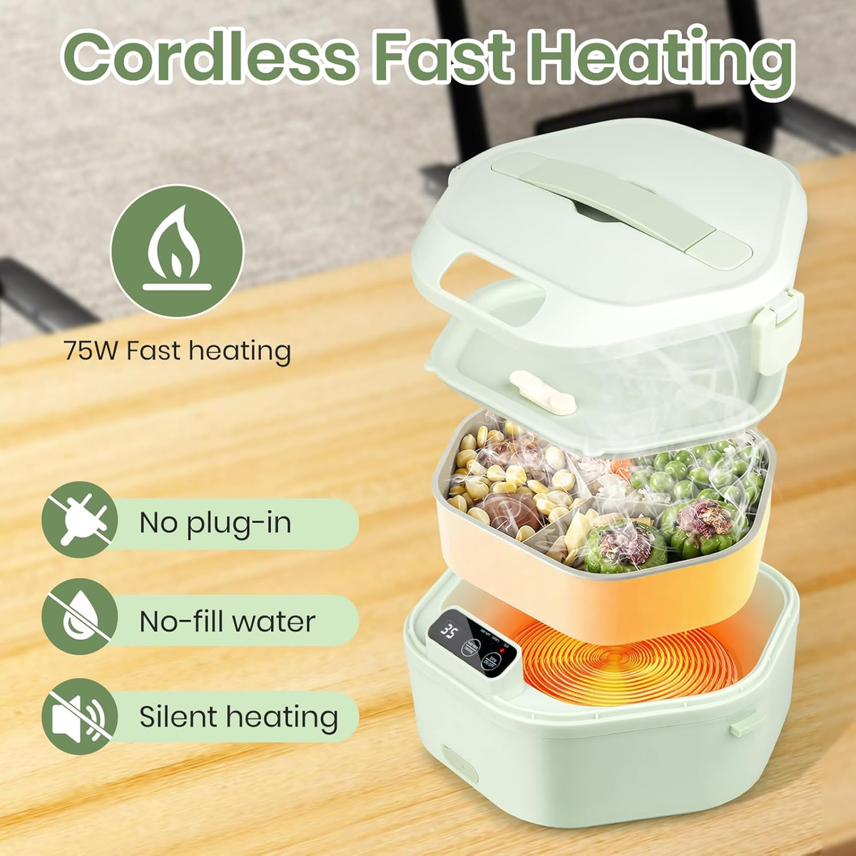 16000mAh Cordless Electric Lunch Box - Rechargeable Self-Heating Food Warmer With Timer & Temp Control (1L)