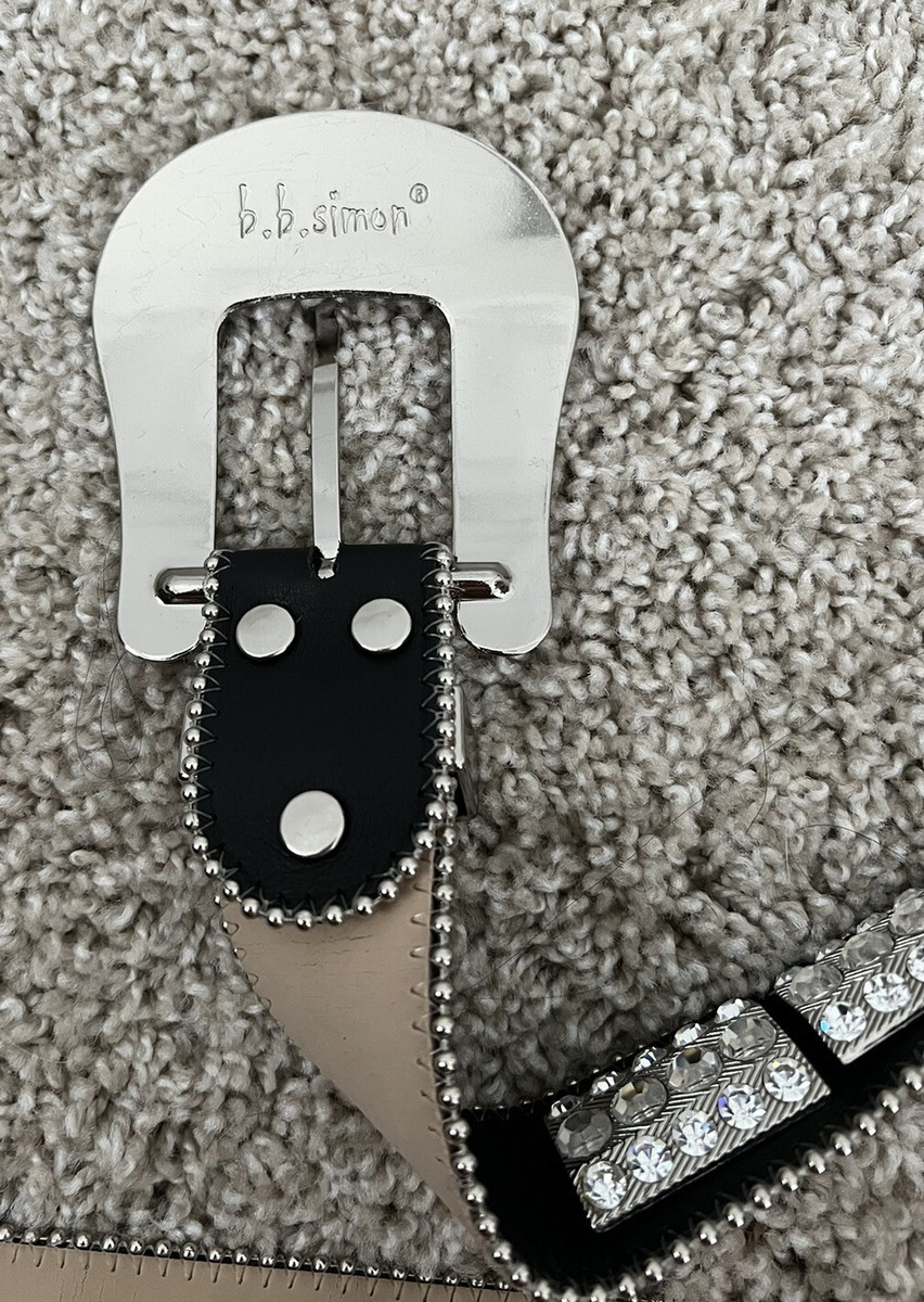 B.B. SIMON Black Leather Square Swarovski Crystal Studded