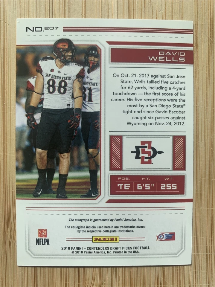 2018 Contenders Draft Picks David Wells RC #207 Rookie Auto Blue Foil - Image 2 of 2