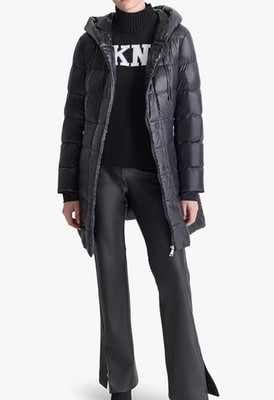 DKNY Women's Black Down Filled Long Quilted Zipper Puffer Coat Jacket Hooded S