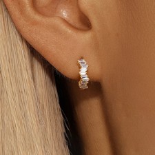 Stainless Steel Hoop Earrings Simulated Zirconia Round Huggie Women Jewelry