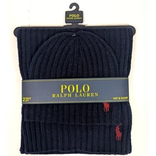 Polo Ralph Lauren Hat and Scarf Set Blue Wool Blend Red Pony 2 Piece Gift Set