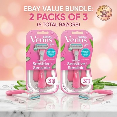 (2pk) Venus Sensitive Women's 3 Blade Disposable Razor, 3 count, Pink
