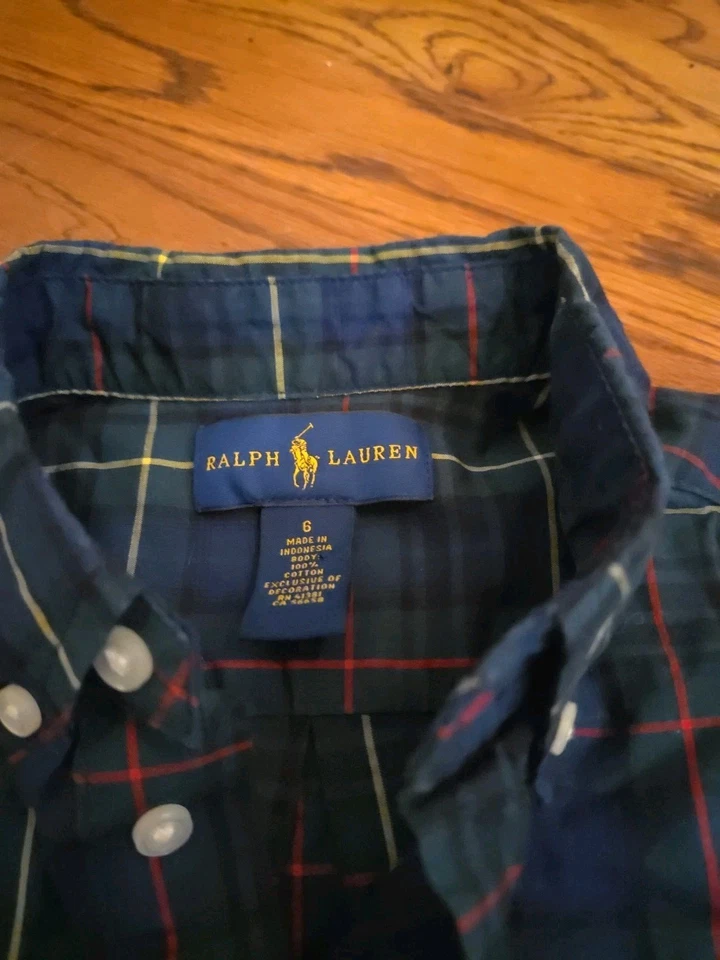 Ralph Lauren Polo Plaid Button Down Shirt Blue Green Long Sleeve Boys 6 - Image 3 of 4
