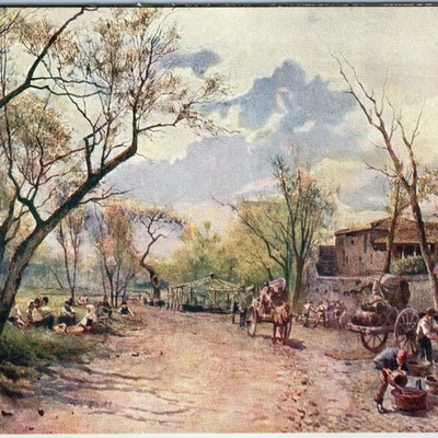 c1920s Venice Italy Ca d'Oro Postcard Alessandro Milesi Art Painting Peasants