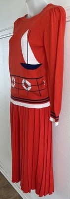 2-Piece Set Vintage Chaus Petites Red Nautical Sailboat Knit Sweater & Skirt XS