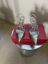 Valentino Garavani Silver Pointed Toe Stiletto Pumps Leather Ankle Strap 39.5