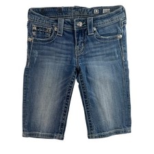 MISS ME Girls Sz 12 Bermuda Denim Jean Shorts Mid Rise Bling Flap Pockets Long