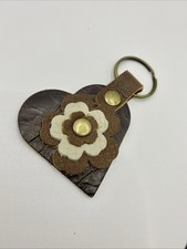 Handmade brown tan Beige Heart Real Leather Flower Keychain Ring Gift